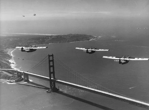 Aircraft over a bridge