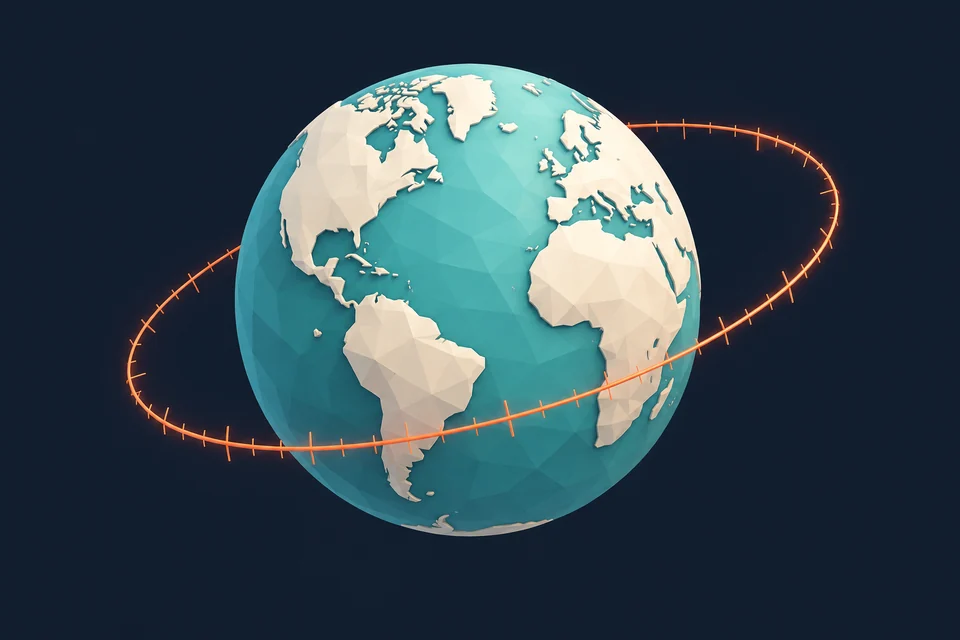 An aqua globe encircled by an orange timeline
